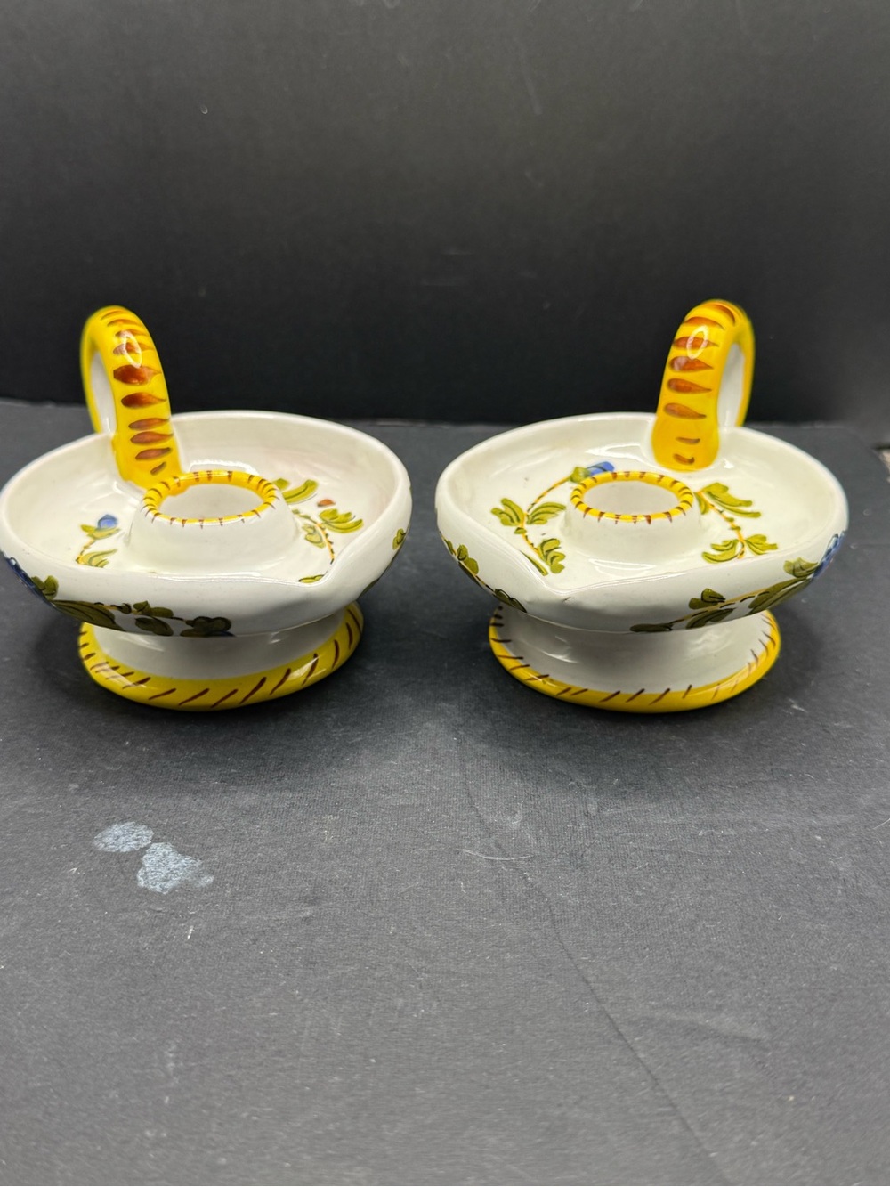 Hand-Painted Ceramic Yellow Floral Candle Holders - Set of 2